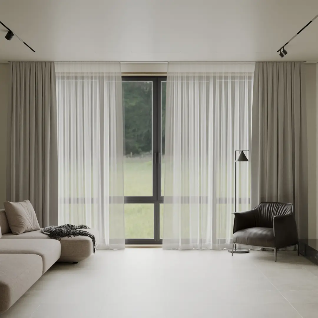 Salón con cortinero empotrado – cortinas de pared a pared