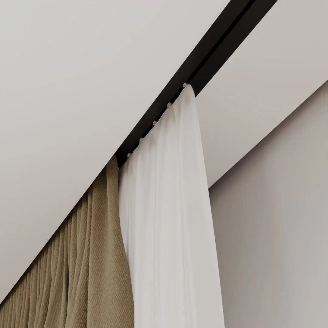 Cortinero empotrado en un hueco de techo – detalle de la fijación de las cortinas