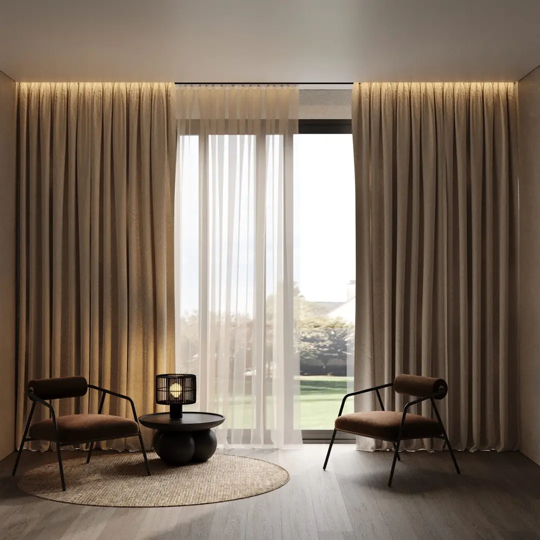 Salón con cortinero empotrado con iluminación